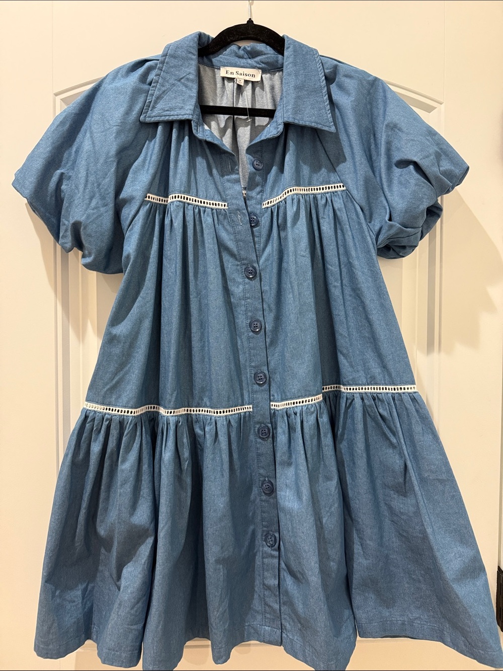 En Saison Light Blue Denim Tiered Button-Front Dress